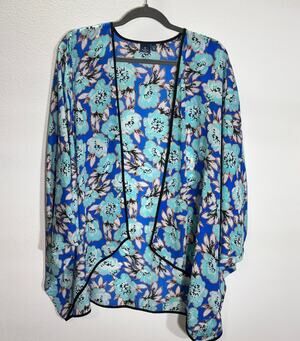 Kaari Blue Women 0X/1X Floral Kimono Cardigan Open Front Blue Teal Sheer Layer
